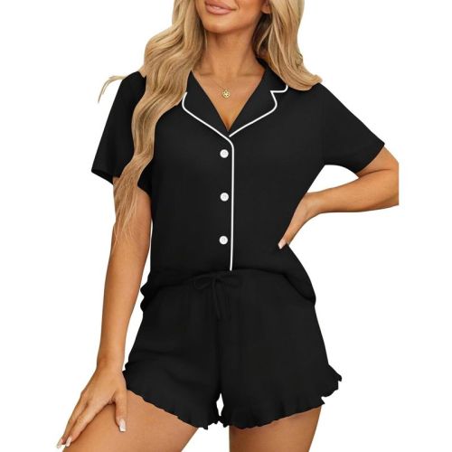 Ekouaer Womens Pajama Sets Button Down Short Sleeve Top and Shorts Cute Pjs Sets Sleepwear Black S