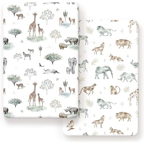 Stretchy Ultra Soft Jersey Knit Fitted Pack n Play Sheets Set 2 Pack, Portable/Mini Crib Sheets for Boys and Girls, Stylish Playard Sheets Fitted Safe and Snug, African Savannah Animals Pattern