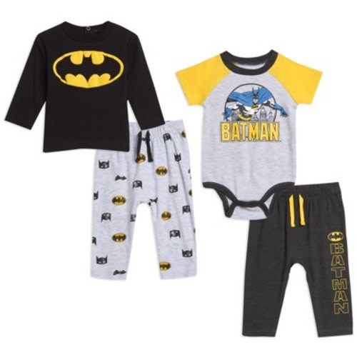 DC Comics Justice League Batman Baby Bodysuit Pullover T-Shirt and Pants 4 Piece Layette Set Newborn to Infant, Size: 3-6 months