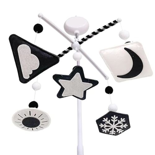 Montessori Mobile, Black and White Baby Crib Mobile, Neutral Nursery Mobile Decoration for Pack N Play, for Baby Boy & Girl, Sun, Moon, Star, Snow, Cloud with Arm & Music Box