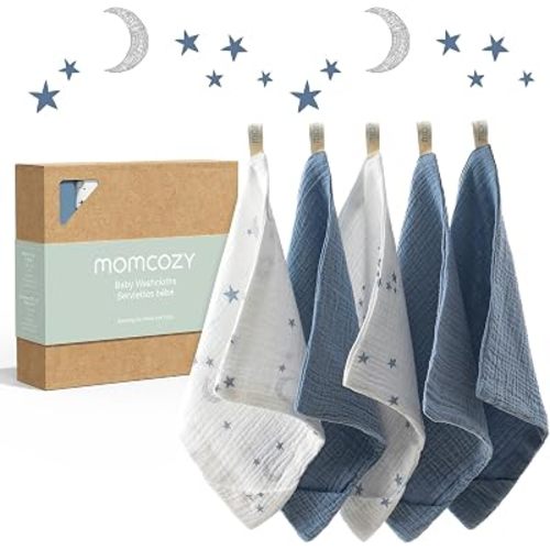 Momcozy 4-Layer Cotton Baby Washcloths, 5 Pack, Soft & Absorbent，Blue