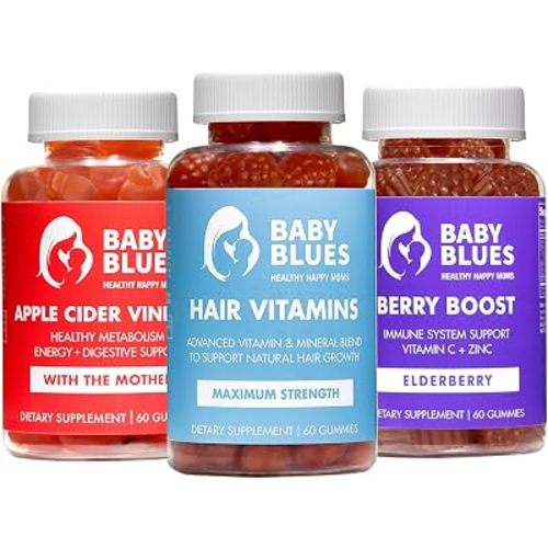 Baby Blues Postpartum Essentials Pack for New Moms, 3 Pack Postpartum Vitamin Kit with Hair Vitamins, Apple Cider Vinegar and Elderberry Gummies, Hair Energy and Immune Support, 180 Count