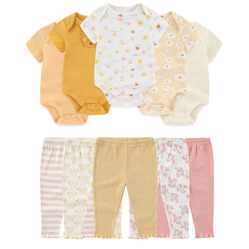Baby Bodysuit and Pant Set Cotton Ribbed Mix Infant Girl Clothes | Unisex newborn summer outfits 10-pcs,neutral and sweet style mixed bundle gift clothing set