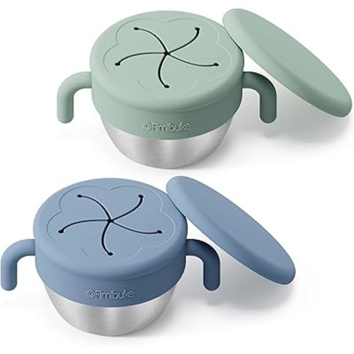 Fimibuke Snack Containers for Toddlers Kids, 12 OZ Spill Proof Stainless Steel Baby Snack Cups with Removable Silicone Food Catcher, Handles & Travel Lid BPA-Free Dishwasher Safe Food Container 2 Pack