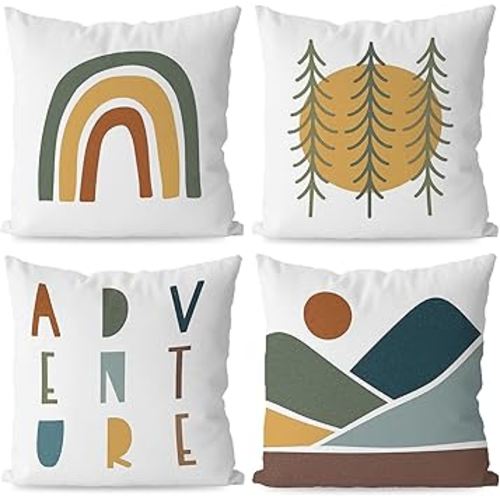 KEUSPI Classroom Moving Mountains Decor Kids Decorative Throw Pillow Covers18×18, Adventure Camping Decor Rainbow Sun Mountain Pillow Cover, Kids Pillows for Playroom Nursery Decor Set of 4