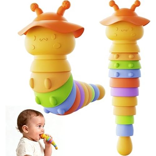 Baby Teething Toy, Silicone Baby Teether Rattle Toys, BPA-Free Sensory Development & Color Recognition Learning for 10 12 18 Babies Toddler Teething Relief - LC1