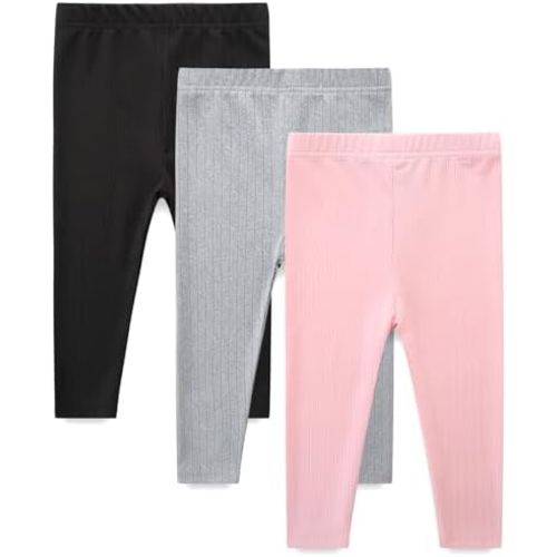 Babymine Baby and Toddler 3 Pack Pull On Pants Solid Ribbed Leggings Infant Clothes Size 1-4 Years