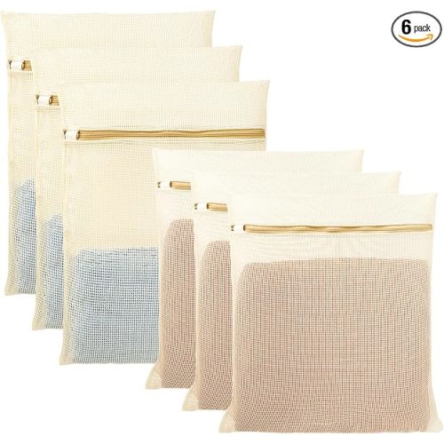 6Pcs Organic Cotton Mesh Laundry Bags for Delicates, Durable Mesh Wash Bags, Sturdy Zipper Laundry Bag for Underwear, Clothes, Shoes, Socks, (3 Large, 3 Medium)
