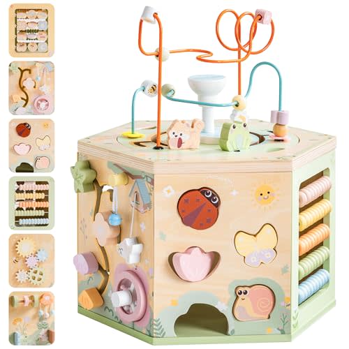 ROBUD Wooden Activity Cube, Montessori Toys for 1+ Year Old, Educational Toy with 13 Functional Areas, Fountain Garden Theme for Baby Boys & Girls