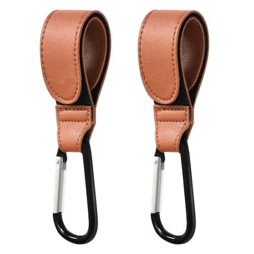 OFEFE 2 Pcs Stroller Hooks for Hanging,Durable Leather Style Stroller Clip Straps, Baby Hooks for Diaper Bags Grocery Shopping Bags,Mommy Hook(Brown)