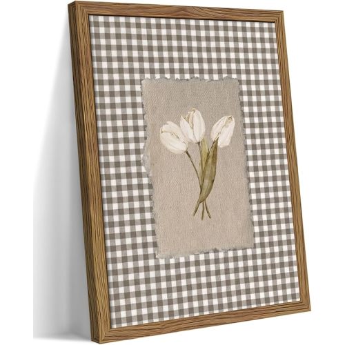 Vintage White Tulips Framed Canvas Wall Art – Brown Gingham Botanical Painting Print, Rustic Farmhouse Floral Picture for Living Room Bedroom Nursery Office Home Decor 12x16 inch