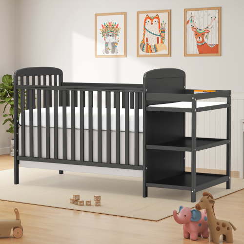 Conchico 3-In-1 Convertible Crib and Detachable Changer, New Zealand Pinewood Baby Crib, Toddler Daybed Bed with 3 Heights, Non-Toxic Finish, Easy to Assemble, Black