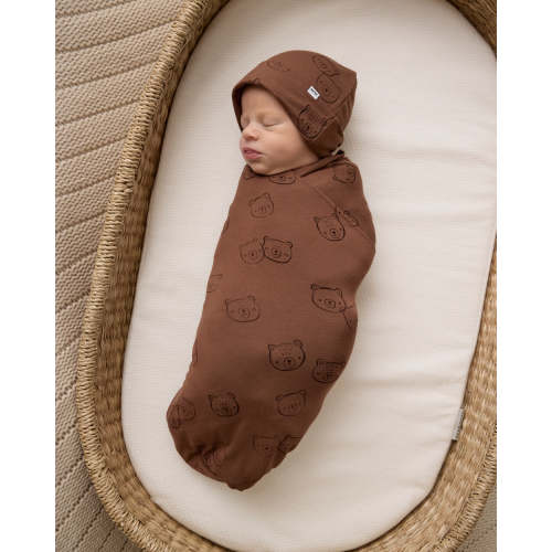 Teddy Tracks Swaddle & Infant Beanie Set | Little Sleepies