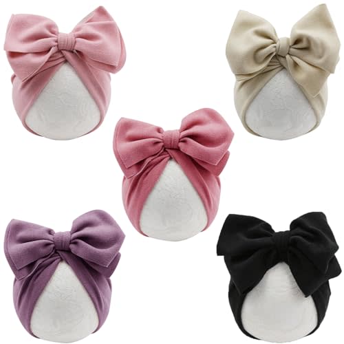 DRESHOW BQUBO 5 PCS Baby Cotton Hats Big Bow Knotted Headwrap Turban Baby Infant Beanie Baby Girl Soft Toddler Cap for Winter