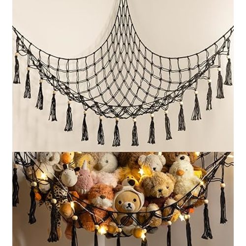 Stuffed Animal Toy Storage Hammock with LED Light - Macrame Jumbo Doll Corner Stuff Animals Organizer Decorations - Cute Hanging Plushie Net Kids Baby Nursery Bedroom Room Decor
