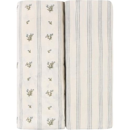 Ely's & Co. Crib Sheets, Baby Boy Fitted Crib Mattress Sheet Set, 2 Pack, 100% Jersey Knit Cotton, Infant and Toddler Nursery Bedding, 28” x 52” Blue Linear Berry Leaf Collection