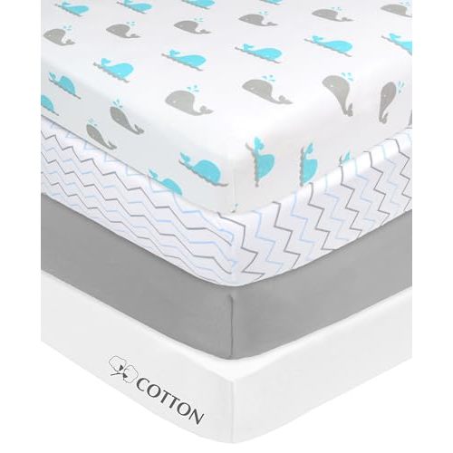 American Baby Company 4 Pack Fitted Mini Crib Sheet 24" x 38", Soft Breathable Neutral 100% Cotton Jersey Portable Sheet, Blue Zigzag/Aqua Whale/Gray/White, for Boys and Girls, Fits Most Pack N Play