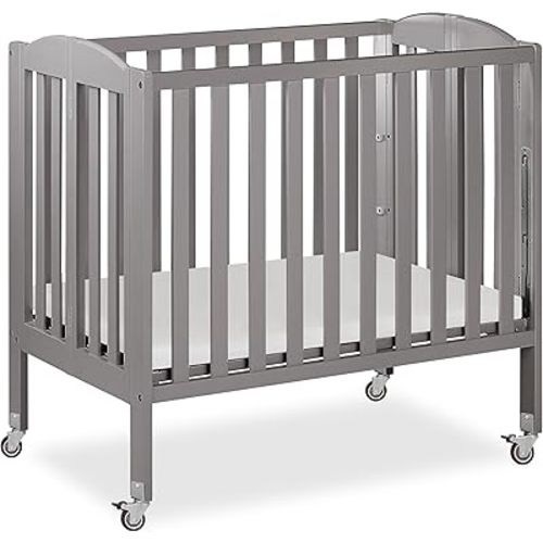 Dream On Me 3-in-1 Portable Folding Stationary Side Mini Baby Crib in Steel Grey & Mattress, GreenGuard Gold & BSA, Use as Changer & Playpen, Locking Wheels, 3 Mattress Heights, Extra Firm Mattress