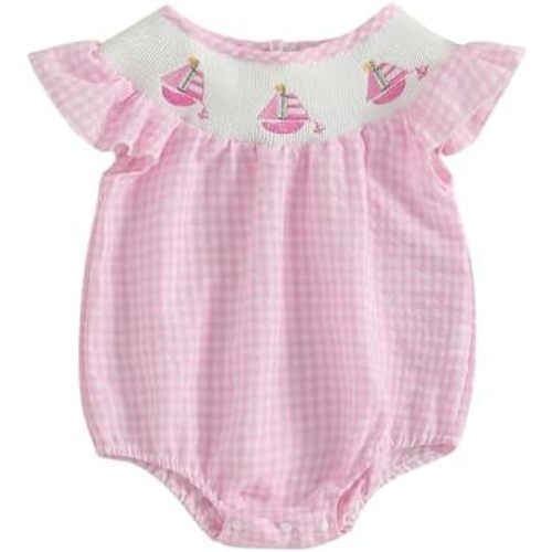 Motlapol Baby Girl Summer Clothes Ruffle Sleeveless Sailboat Fishing Embroidery Seersucker Smocked Bubble Romper Beach Outfit