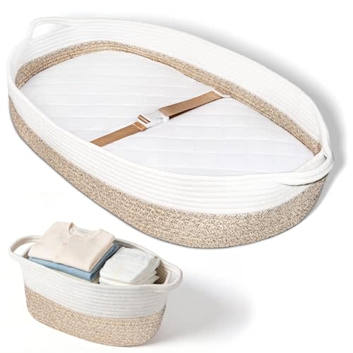 JVEOO Baby Changing Basket with Diaper Caddy Changing Pad, Breathable & Waterproof Dual-Cover Foldable Portable Travel Cotton Rope Baby Changing Mat for Dresser & Table