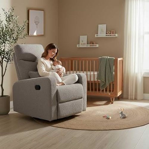 Plush Recliner Glider Chair, Nursing and Feeding, 360-Degree Swivel with Full Recline, Eco-Performance Fabric, Dove Grey, 94D x 75W x 103H cm