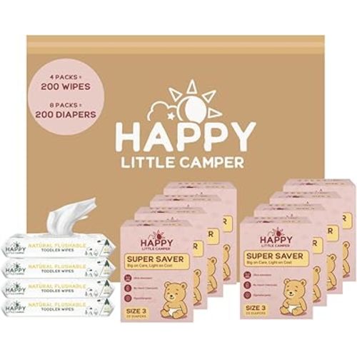 Happy Little Camper Super Saver Diapers, Size 3, 400 Count | Budget-Friendly Disposable Baby Diapers for Sensitive Skin | Hypoallergenic, Fragrance-Free, Ultra Absorbent