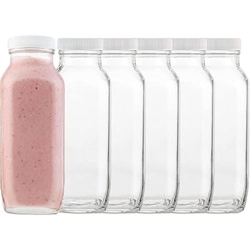 kitchentoolz 16oz Square Glass Milk Bottle with Lid - Airtight Vintage Reusable Dairy Drinking Jars Containers for Milk, Yogurt, Smoothies, Juice, Kefir, & Water (Pack of 6)