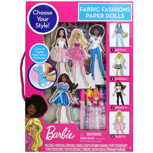Barbie: Fabric Fashions Paper Dolls - Design Playset, 4 Dolls & Stands, Mix & Match Adhesive Outfits, Stickers-Gems-Ribbon, Storage Package, Kids 3+