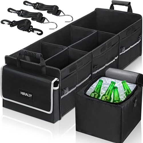 HIRALIY 4 in 1 Car Trunk Storage Organizer with Leakproof Cooler Bag, Multi-Compartment Foldable Trunk Storage Box for Car Truck SUV Black