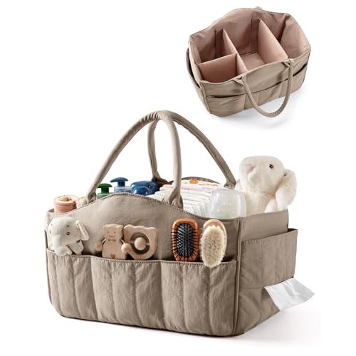 Quilted Baby Diaper Caddy with Detachable Dividers and Wipes Pocket, Lightweight Baby Caddy Organizer with Handles and 8 Pockets for Baby Stuff, Camel