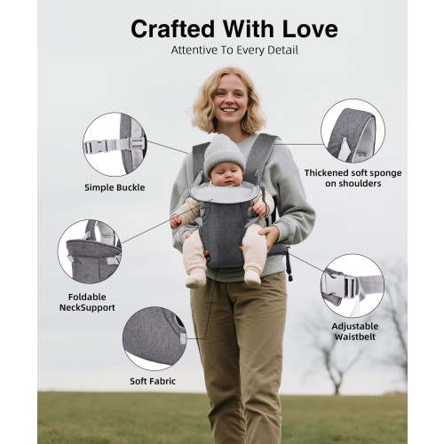 RUPOUN Baby Carrier, Gray, 4 Carry Positions, Soft Mesh, Ergonomic, for Newborn to Toddler