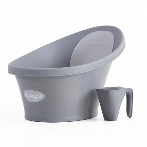 Shnuggle Newborn Bath Essentials Bundle | Baby Bath with Support Bump and Soft Backrest & Rinse Jug | Safe, Gentle, and Stylish Bathtime Set for Babies & Toddlers | Pebble Grey