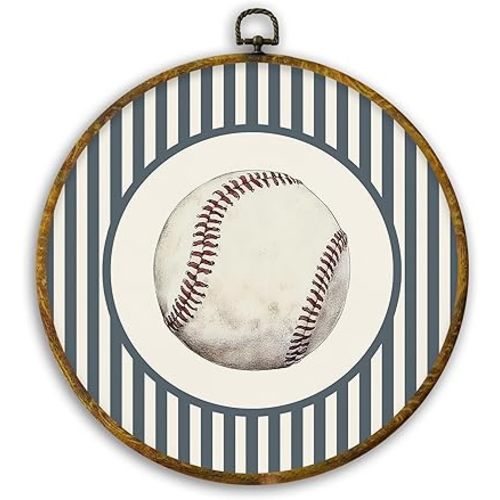 CUANFDDSF Vintage Baseball Nursery Round Wall Art, Sports Framed Hanging Wall Decor, Blue Striped Baseball Sports Canvas Prints Decorations for Kids Boy Nursery Room Playroom, 10x10 Inch