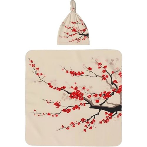 Red Cherry Blossom Baby Swaddle Blanket with Beanie Set, Newborn Receiving Blankets 35.4"X 35.4" Flowers Soft Swaddle Wrap Baby Stuff for Infant Boy Girl Gift