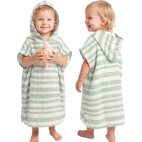 Konssy Muslin Hooded Bath Towels for Kids, 100% Cotton, Soft Quick-Dry Bath/Beach/Pool Towel Poncho with Front Pocket for Toddlers, Lightweight & Absorbent (1-3 Years)