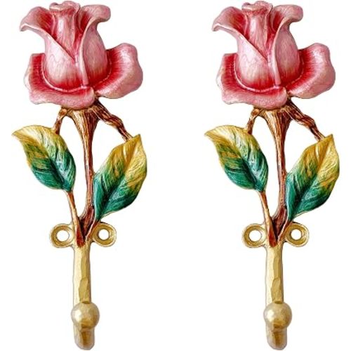 Vintage Rose-Shaped Decorative Wall Hooks, 2 Pack Hand-Painted Floral Metal Wall Hook Rack Hangers for Hanging Coats, Clothes, Keys, Hats, and Towels