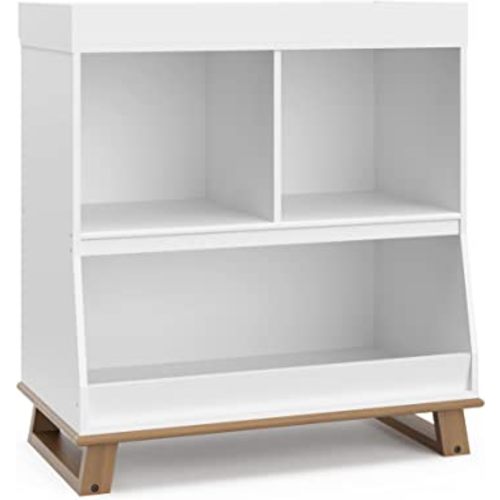 Storkcraft Modern Convertible Baby Changing Table (White and Vintage Driftwood) – GREENGUARD Gold Certified, Diaper Changing Table Fits Standard Changing Table Pads, Changing Table Topper