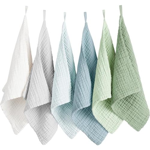 Konssy 6 Pack Baby Muslin Washcloths for Unisex 100% Cotton Wash Cloth Set for Baby Face Body Comfy and Soft for Newborn Infants Kids Girls and Boys - Blue Color - 11" x 11" (6 Pack)