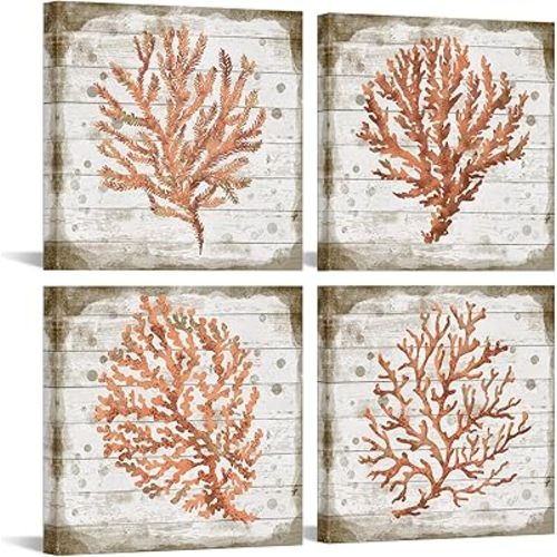 Orange Coral Canvas Set of 4 Ready to Hang Ocean Beach Wall Art for Bedroom Bathroom Framed Watercolor Prints Marine Plants Pictures Home Decoration Each Panel 12x12inch (Small)