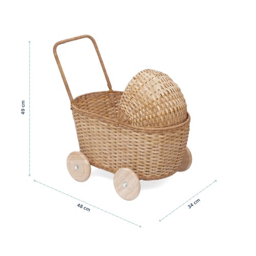 Rattan Dolls Pram And Shopping Trolley for Children | Hand-Woven Dolls Buggy with Wooden Wheels, Cushion & Mattress | Montessori Toy