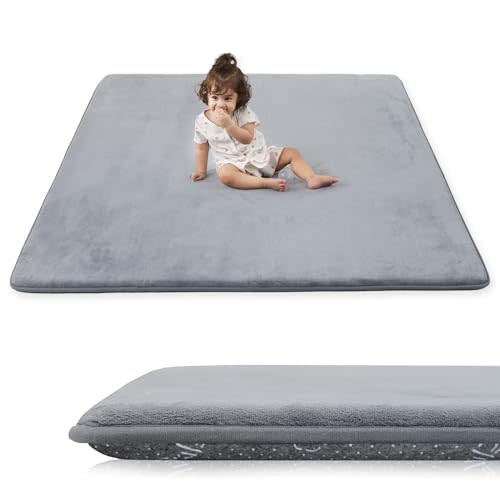 1.3" Thick Baby Floor Play Mat 59x79 Padded Foam Mats, Light Grey | Memory Mat for Baby to Play, Waterproof Easy Care with Non-Slip Tummy Time Play Mat for Nursery Playroom Classroom