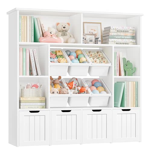 FINETONES Toy Storage Organizer with 6 Toy Bins, Toy Organizer Kids Bookshelf with 4 Movable Drawers and 6 Storage Cubbies, Toy Bins for Kids Organizer Playroom Storage for Living Room, White