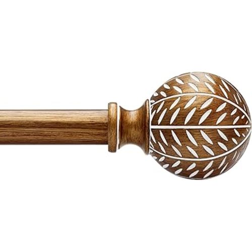 Gold Curtain Rods for Windows 48 to 84 Inch,1'' Diameter Drapery Rods with Imitation Wood Grain Leaf Pattern Finials,Boho Adjustable Heavy Duty Curtain Rods Set,36-88'',Antique-Gold Wood