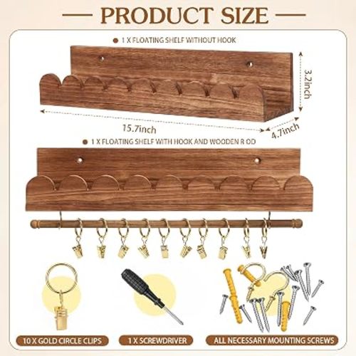 Qunclay Nursery Floating Shelves Headband and Bow Holder with Rod Wall Mounted Wood Shelves Nursery Decor for Wall Home Organization Kitchen Living Room Storage Decor(2-Tier,Walnut Color)