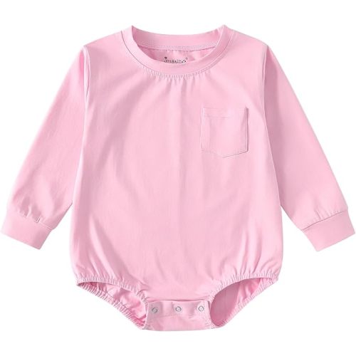 Jimonda Baby Boy Girl Bubble Romper Long Sleeve Cotton Crewneck Sweatshirt with Pocket,Solid Color Bodysuit Newborn Outfit