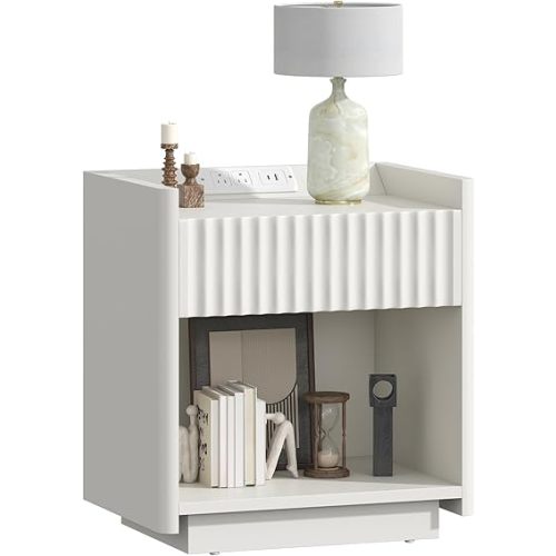 Bigbiglife Fluted Nightstand with Charging Station, 22" Modern Side Table with Drawer End Table with Open Storage, Bedside Table for Bedroom, Living Room, Natural Oak (1, Off White)