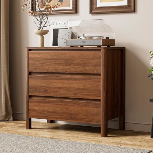 Furniway Walnut Dresser for Bedroom, Mid-Century Modern Dresser with 3 Drawers and Solid Wood Legs, Wide Chest of Drawers for Bedroom, Living Room, Closet, 15.7" D x 31.5" W x 28.4" H