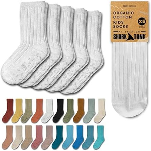 Foot Cardigan Organic Cotton Kids Socks, Non Slip Grip Crew, 5 Pairs Boys Girls Toddler to Teen Ages 2-14