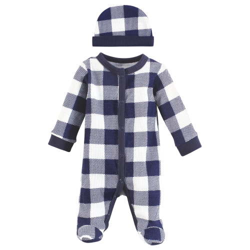Hudson Baby Boys Thermal Preemie Sleep and Play and Cap, Navy Plaid, Preemie