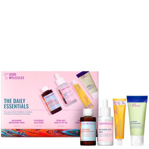 Good Molecules The Daily Essentials Set, 4-Step Skin Care Kit, 4 Minis | Four-step daily routine: Niacinamide Brightening Toner, Hyaluronic Acid Serum, Yerba Mate Eye Gel, and Priming Moisturizer.